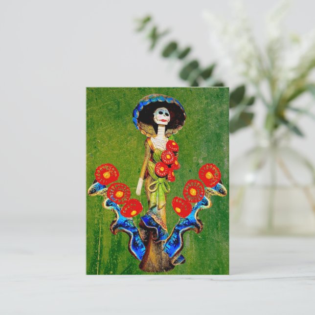 Postal Catrina de la antigüedad azul dorada sobre Boho la (Anverso de pie)