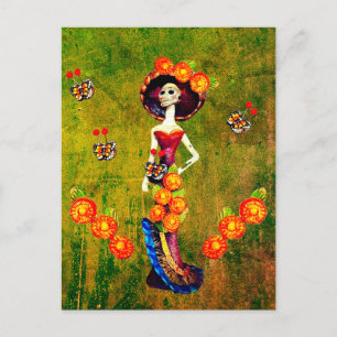 Postal Catrina W/Gorra, Flores Naranjas y Rufas de Oro Az