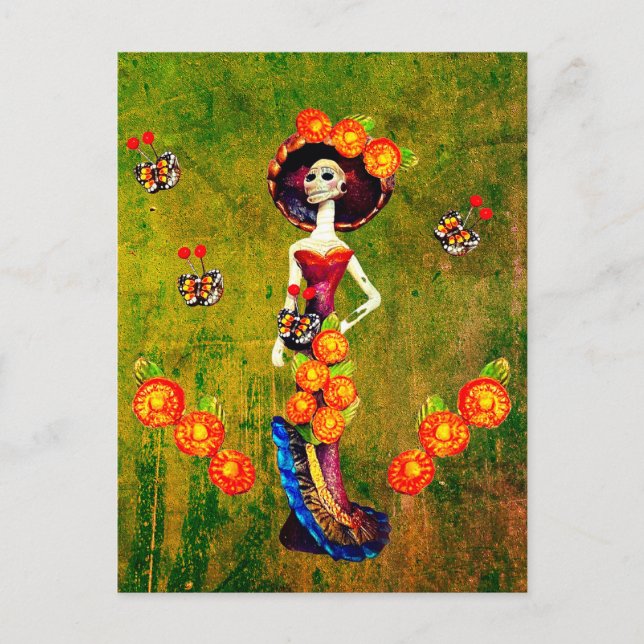 Postal Catrina W/Gorra, Flores Naranjas y Rufas de Oro Az (Anverso)