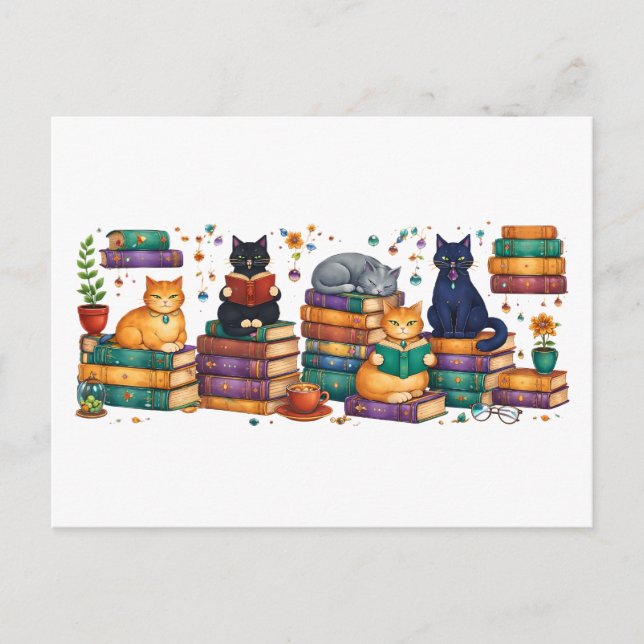Postal Cats Reading Books Cozy Library Scene (Anverso)