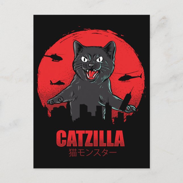 Postal Catzilla Monster Cat destruye edificio de rascacie (Anverso)