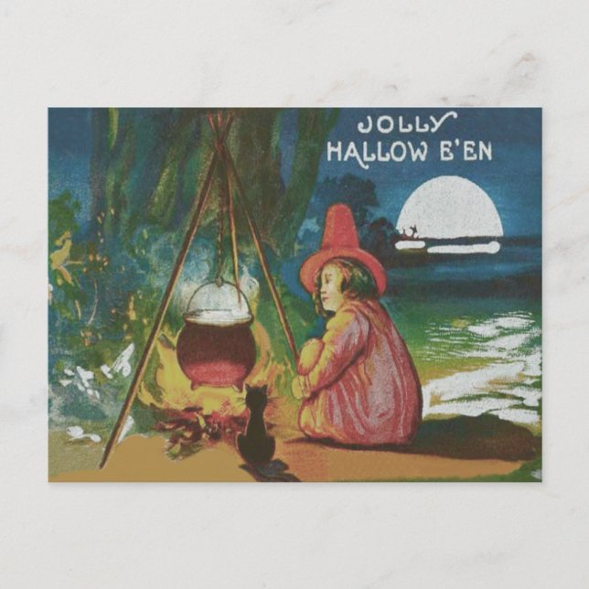 Postal Cauldron de gato negro brujo (Anverso)