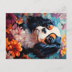 Postal Cavalier King Charles Spaniel en flores