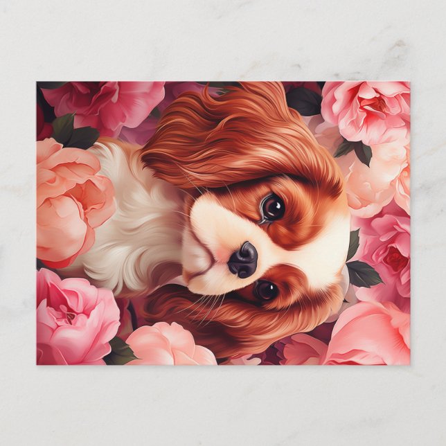 Postal Cavalier King Charles Spaniel en Rosas (Anverso)