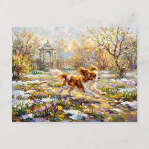 Postal Cavalier Spaniel en un jardín de primavera floreci