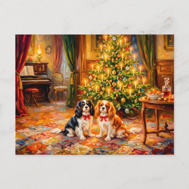 Postal Cavalier Spaniels junto al árbol de Navidad (Anverso)