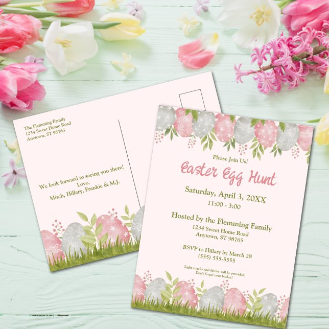 Postal Caza de huevos de Pascua personalizable súper dulc (Egg-stra Sweet Easter Egg Hunt Postcard Invitation)