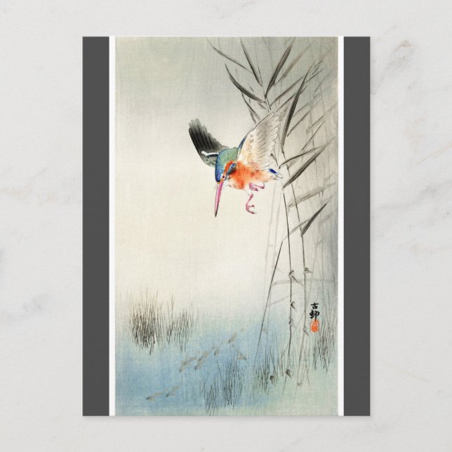 Postal Caza de Kingfisher - Ohara Koson - carbón vegetal (Anverso)