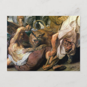 Postal Caza de leones, detalle de dos hombres y un león,