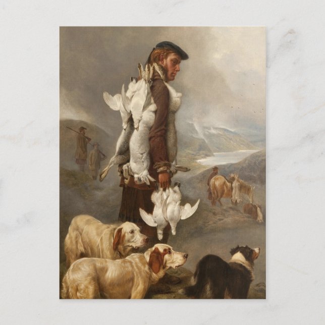 Postal Caza invernal de liebres y perdices nivalis (Anverso)