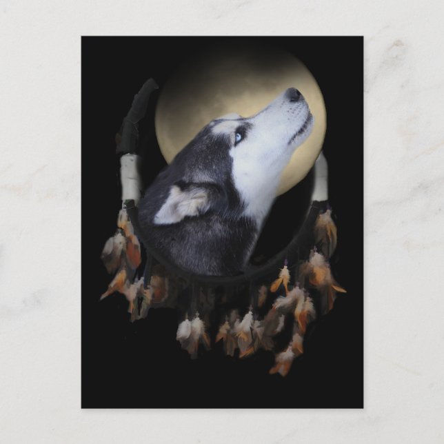 Postal Cazador de sueños y Husky de ojos azules (Anverso)