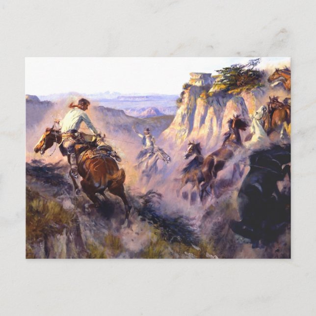 Postal “Cazadores de caballos salvajes” de Charles M Russ (Anverso)