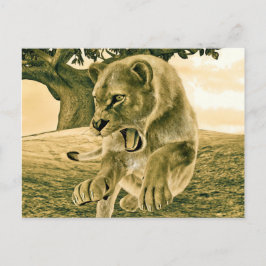 Postal Cazando a la leona