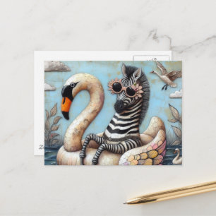 Postal Cebra Adorable en un cisne inflable