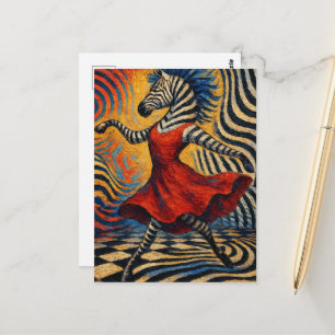 Postal Cebra con vestido rojo fantasía