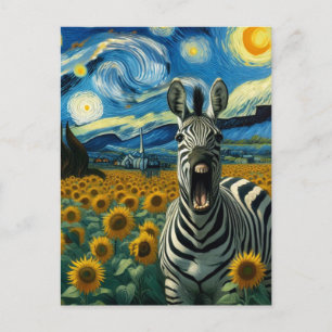 Postal Cebra divertida en el falso Van Gogh Sunflower Fie