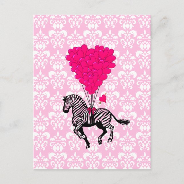 Postal Cebra vintage y globos de corazón rosados (Anverso)