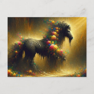 Postal Cebra y flores en un fondo amarillo
