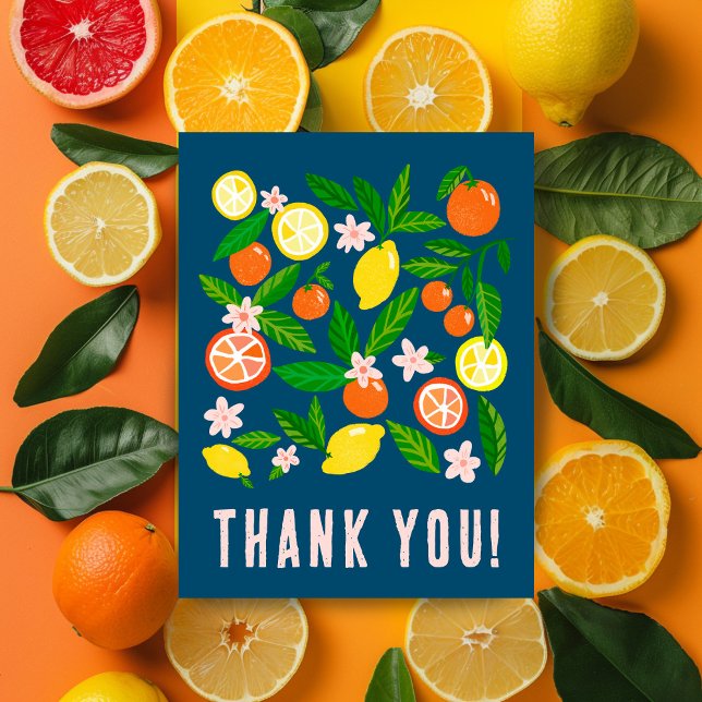 Postal Celebración de cítricos agradecimiento personaliza (Citrus Celebration Custom Colorful Lemons Oranges Thank You Postcard
)