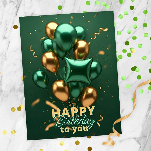 Postal Celebración de cumpleaños con globos de oro y verd (Subido por el creador)