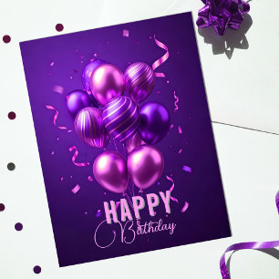 Postal Celebración de Cumpleaños con Globos Morados y Ros