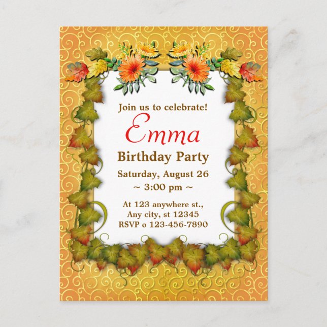 Postal Celebración de Cumpleaños Hojas de Otoño Lindo Mod (Anverso)