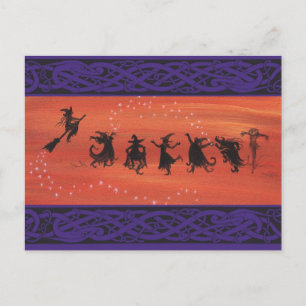 Postal Celebración de Halloween con brujería.