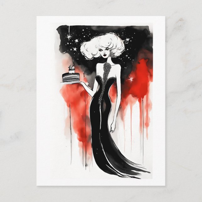 Postal Celebración de la Moda. Mujer hermosa con pastel (Anverso)