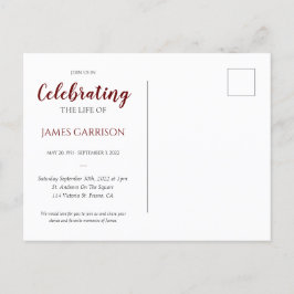 Postal Celebración de la vida de color rojo oscuro con fu