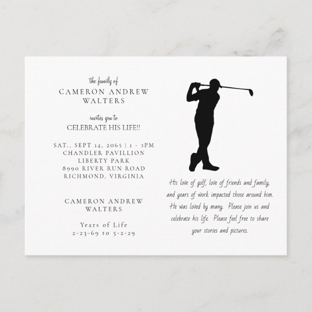 Postal Celebración de la vida de golf blanco (Anverso)