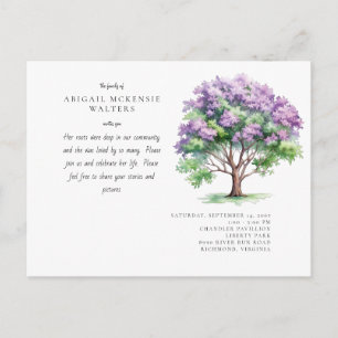 Postal Celebración de la vida del árbol rosa de raíces pr