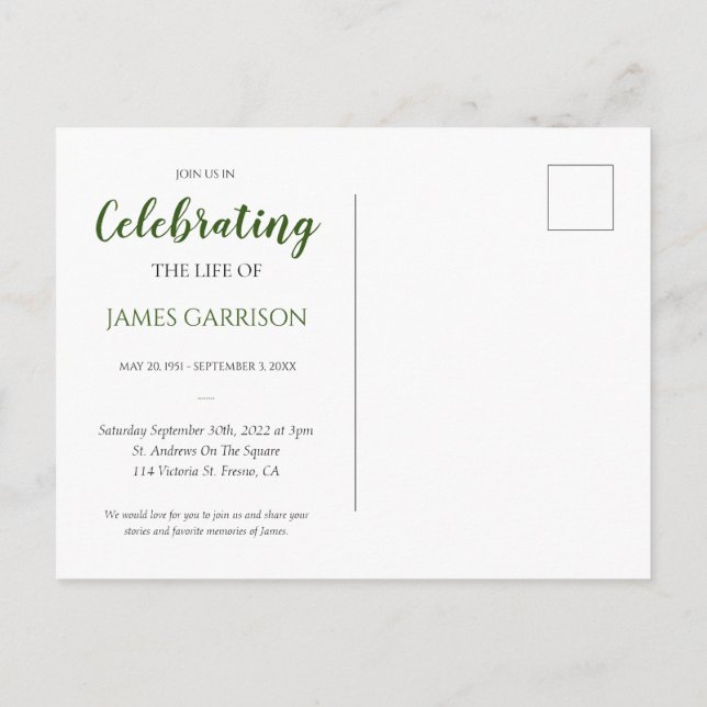 Postal Celebración de la vida verde oscuro con funeral de (Reverso)