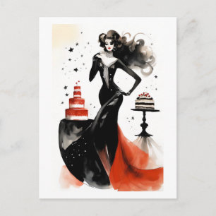 Postal Celebración de Moda. Mujer hermosa con pastel