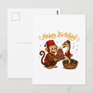 Postal Celebración divertida de cumpleaños de mono y serp