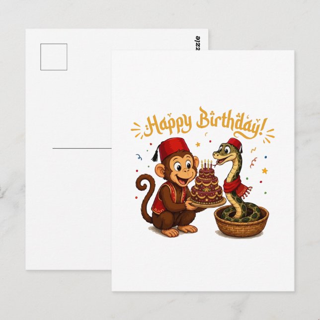 Postal Celebración divertida de cumpleaños de mono y serp (Anverso / Reverso)
