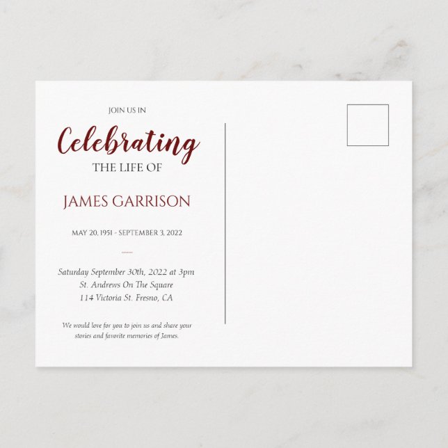 Postal Celebración roja oscura de la vida con un funeral  (Reverso)