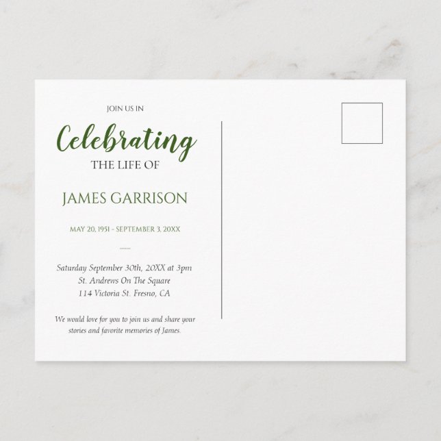 Postal Celebración Verde de la Vida con Memorial de Fotos (Reverso)