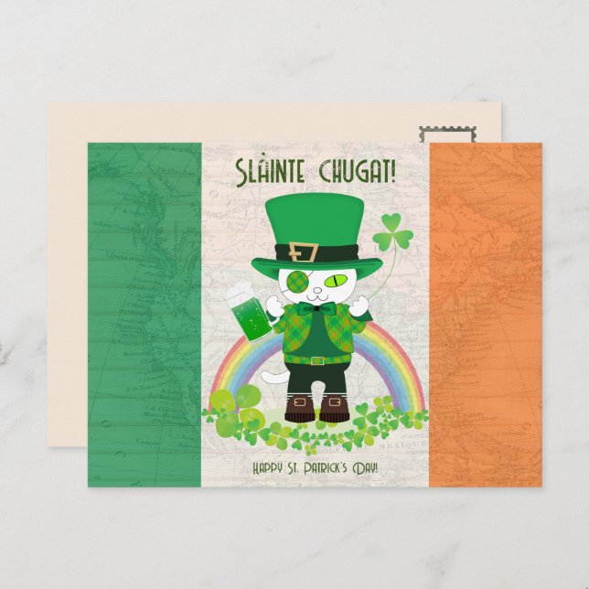 Postal Celebrar el Día de San Patricio con un gato afortu (Anverso / Reverso)