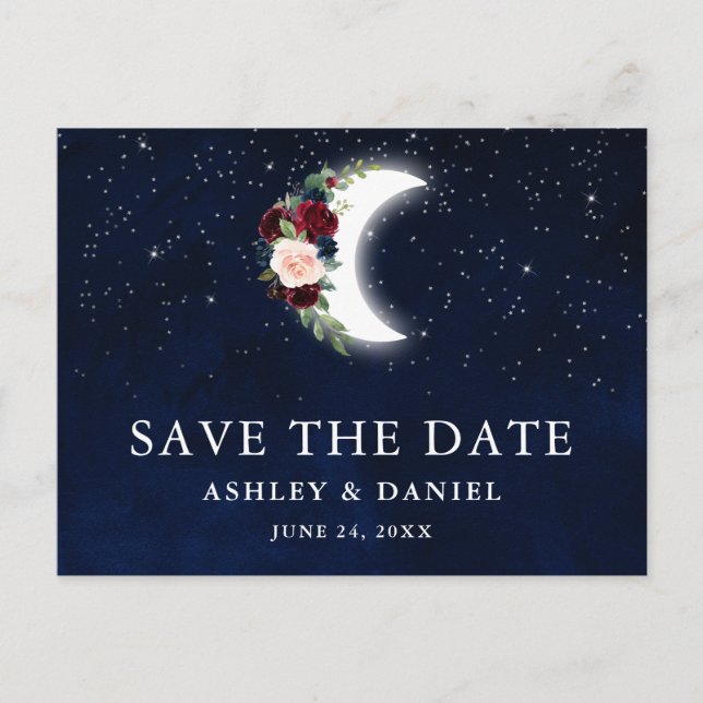 Postal Celestial Blue Sky Floral Moon Save The Date (Anverso)