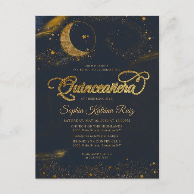 Postal Celestial Midnight Blue Gold Star Moon Quinceanera (Anverso)