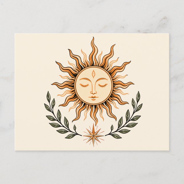 Postal Celestial Sun Face Botanical Mystical Art (Anverso)
