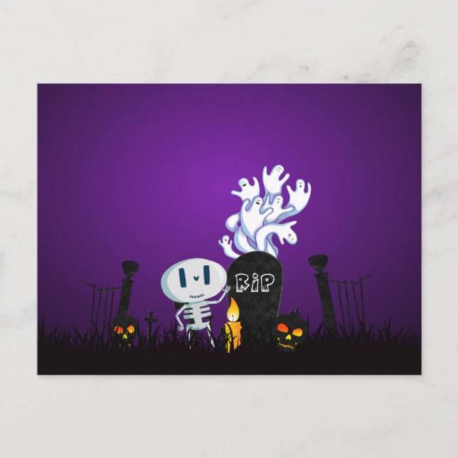 Postal Cementerio De Halloween Spooky Cute Skelton Y Ghos (Anverso)