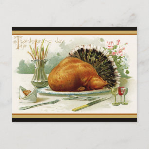 Postal Cena de Acción de Gracias con pavo vintage
