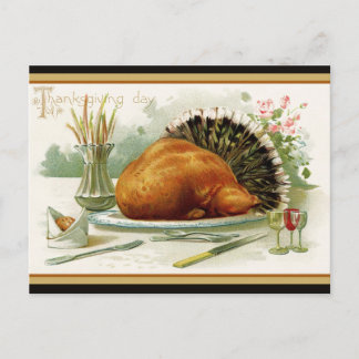 Postal Cena de Acción de Gracias con pavo vintage