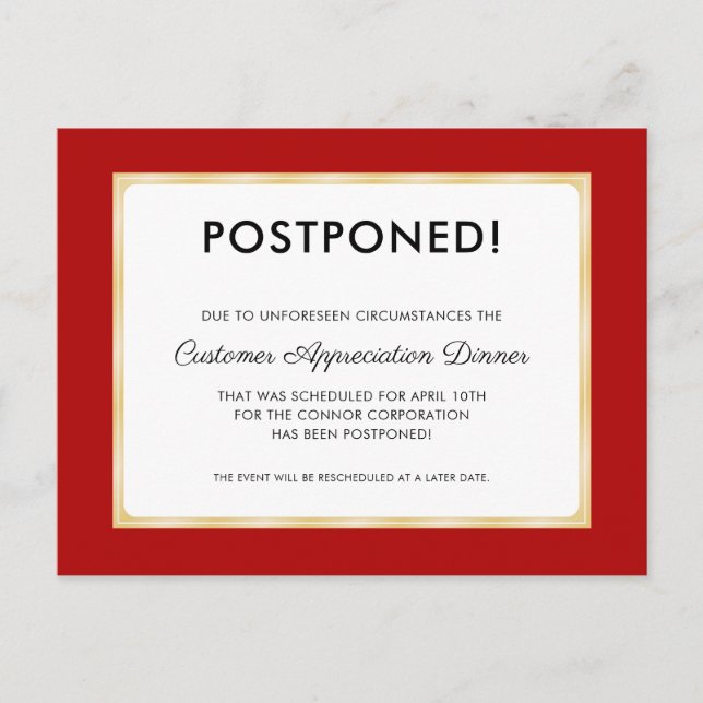Postal Cena de Agradecimiento al Cliente Pospuesta Rojo (Anverso)