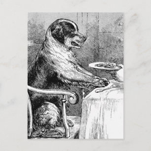 Postal Cena Tiempo Ilustracion de perro vintage