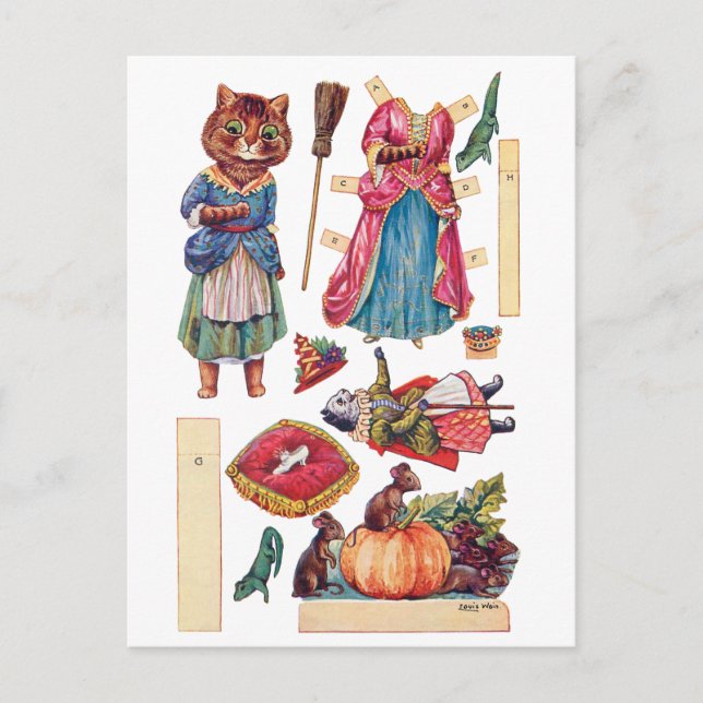 Postal Cenicienta, muñeca de papel, Louis Wain (Anverso)