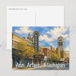 Postal Centro de Ann Arbor, Michigan Estilo Dibujado a Ma