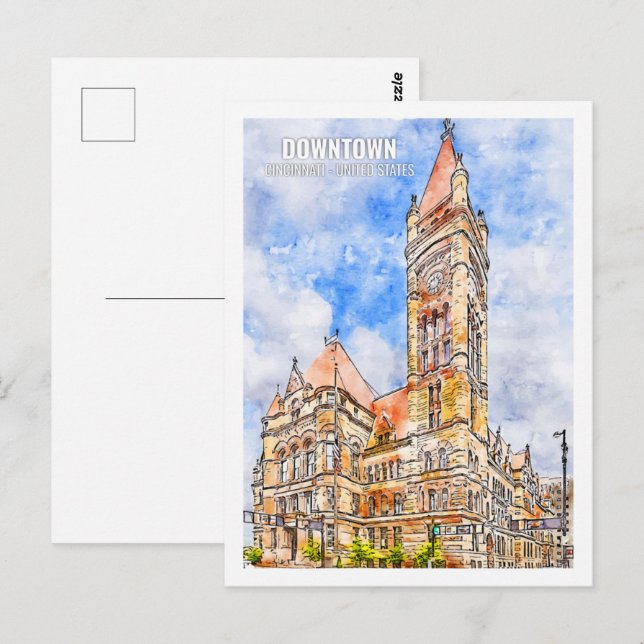 Postal Centro de Cincinnati Famous Travel Place Watercolo (Anverso / Reverso)