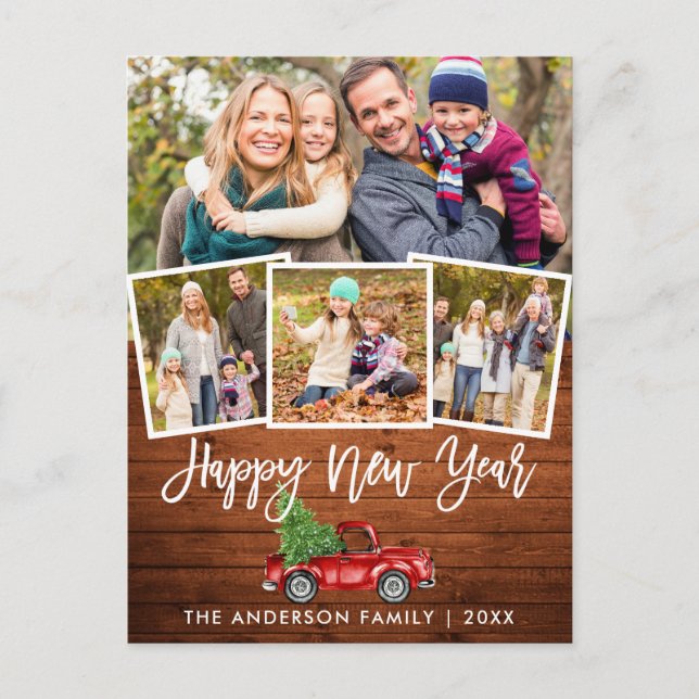 Postal Cepillo de madera Guión Camión Rojo Año Nuevo 4 Fo (Anverso)